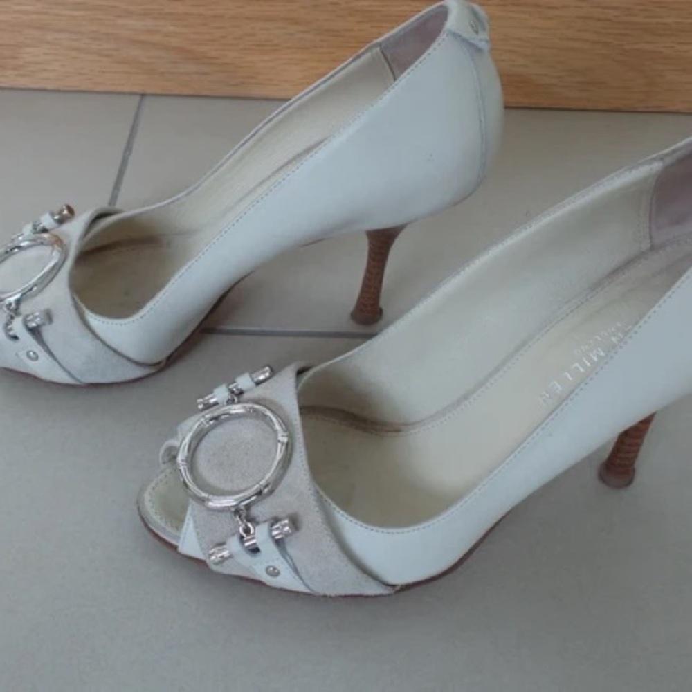 Cream Peep-Toe Heels with Decorative Silver Ring Accent